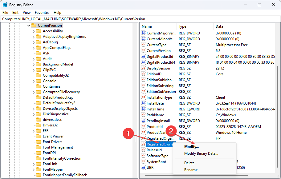 如何更改 Windows 11 注册表所有者名称