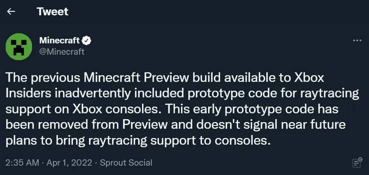 微软称光线追踪只是“不经意间”添加到 Xbox Minecraft 预览版中