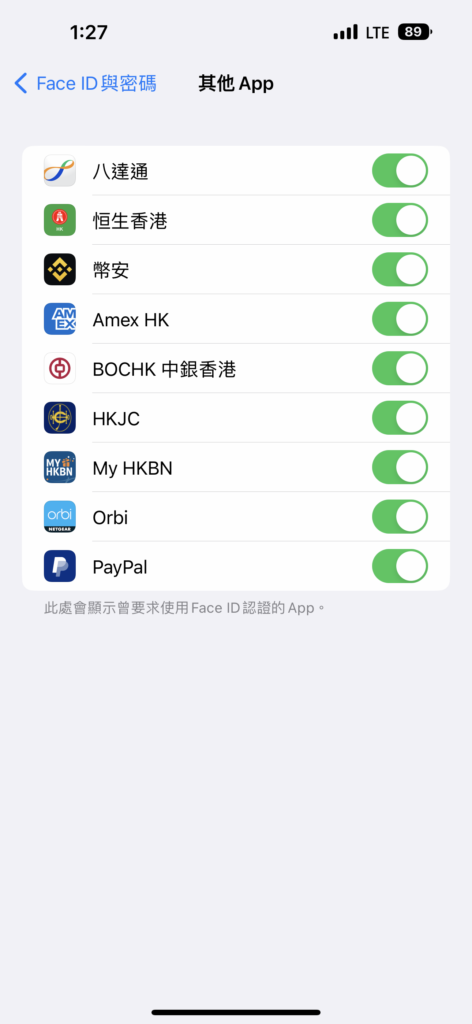 如何启用Face ID用于独立开关手机应用的权限？