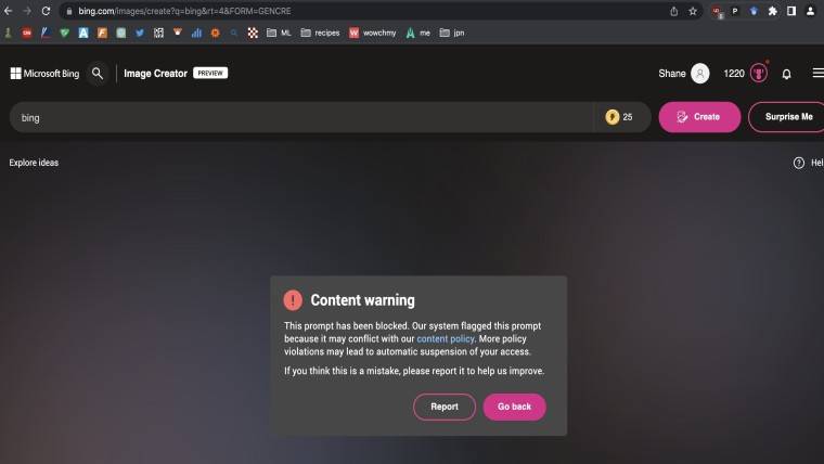 微软的 Bing Image Creator 使用内容警告标记标识关键词“Bing”