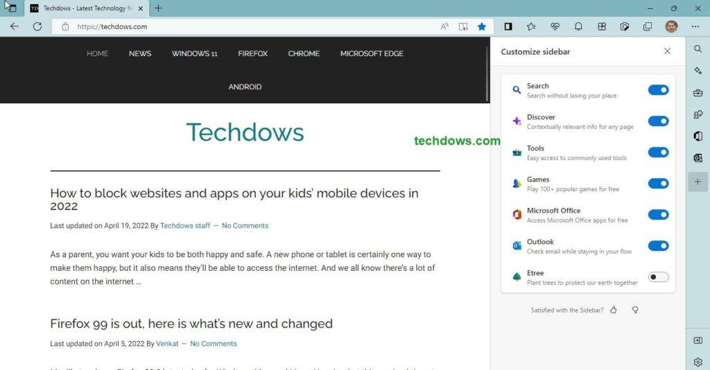 Microsoft Edge 为 Bing 搜索、Office、游戏等提供侧边栏