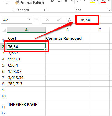 如何从 Excel 中的数字值和文本值中删除逗号