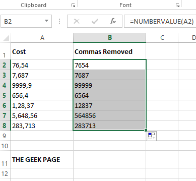 如何从 Excel 中的数字值和文本值中删除逗号