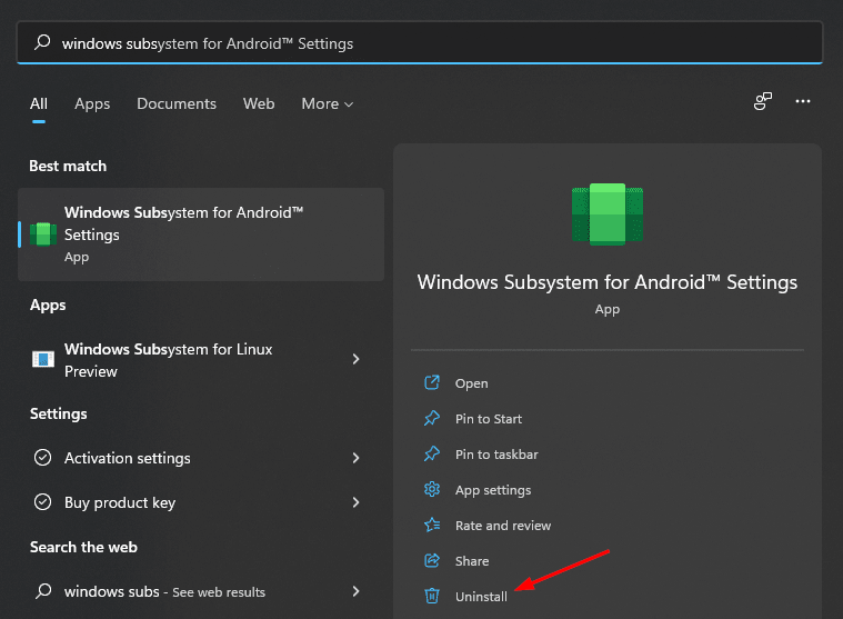 在 Windows 11 上卸载 Android 应用安装程序 (WSA)