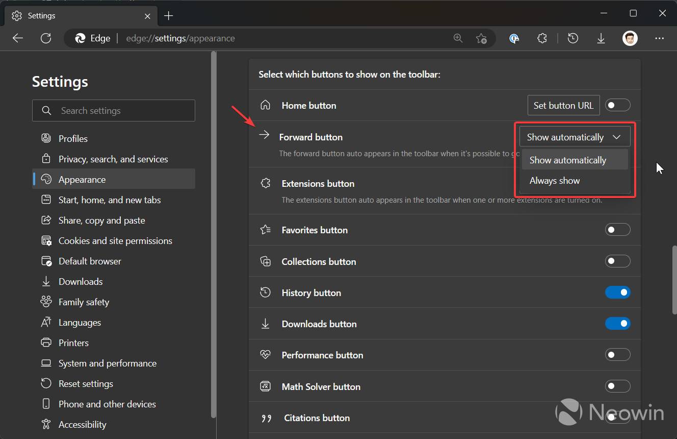 如何启用 Microsoft Edge 中的转发按钮？