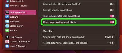 如何调整 Mac Dock 中显示的最近应用程序数量？