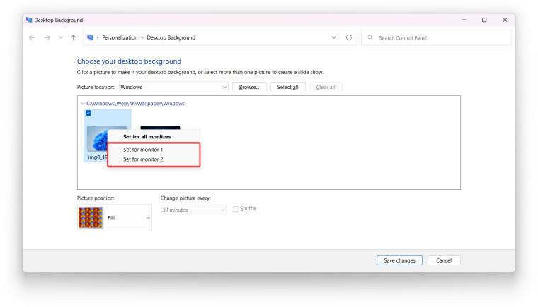 如何在 Windows 11 的不同显示器上设置不同的壁纸