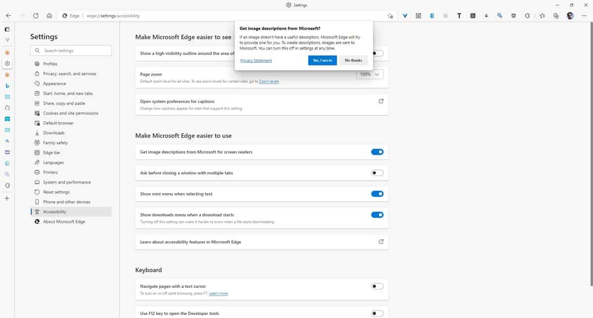 Microsoft Edge现在可以自动生成图像标签，方便讲述人和屏幕阅读器使用。