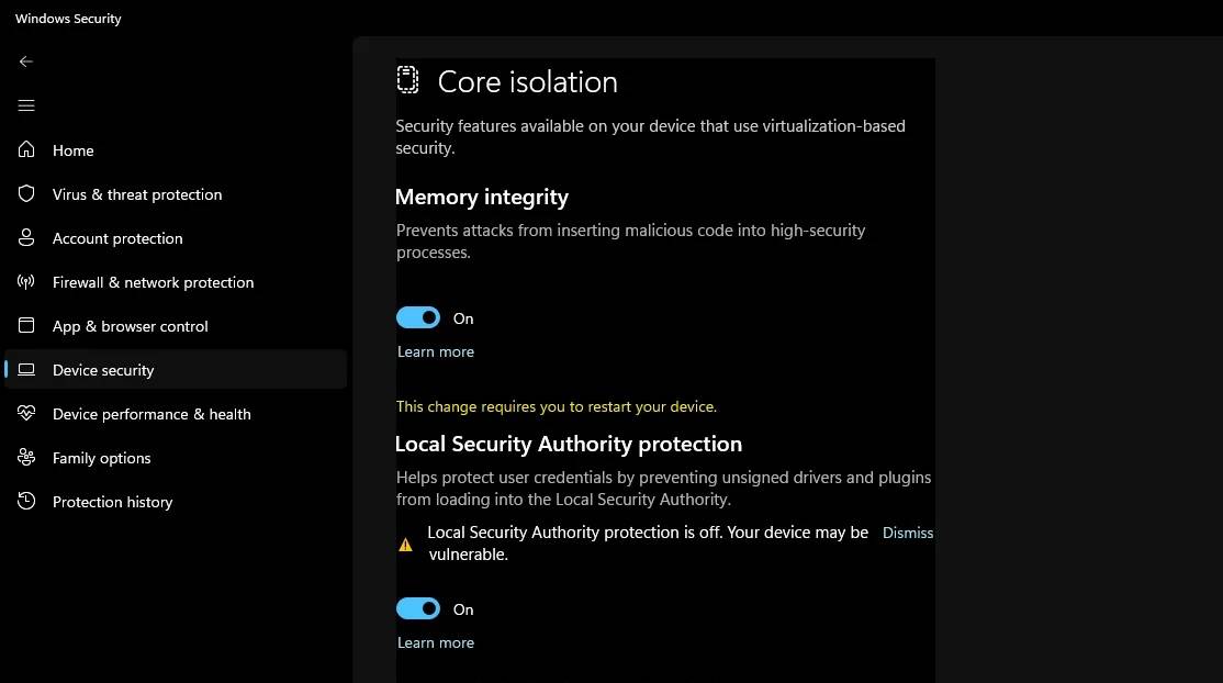 Windows 11 错误地警告本地安全机构保护已关闭