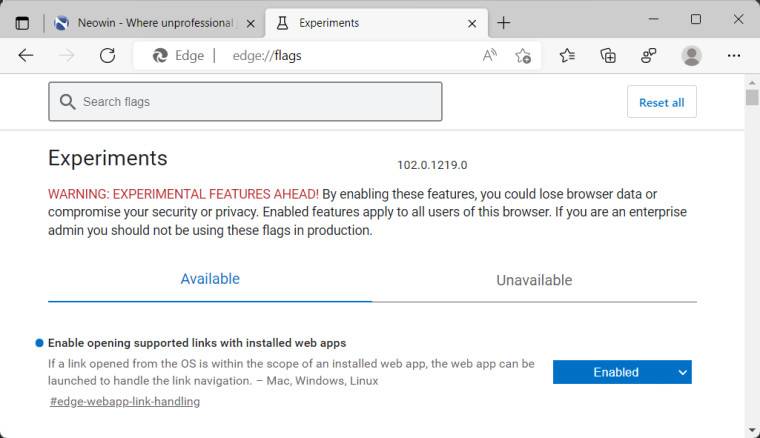 Edge Canary 获得 Web 应用程序的链接处理