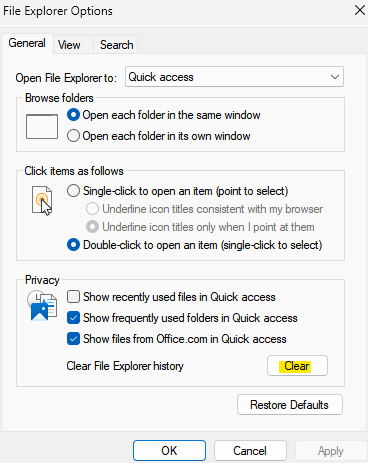 如何在 Windows 11 上的文件资源管理器中清除快速访问历史记录