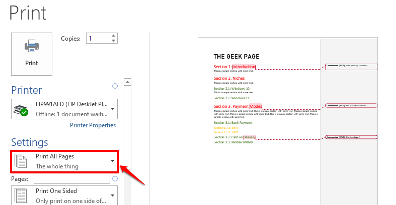 如何打印不带注释的 Word 文档
