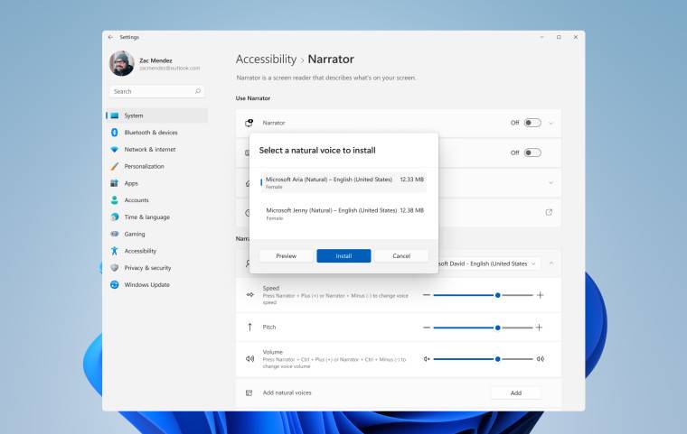 开发频道中的 Windows 11 内部版本 22543 将“Jenny”和“Aria”添加到讲述人,以及修复