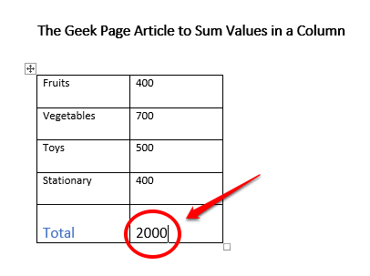 如何在 Microsoft Word 中对列中的值求和