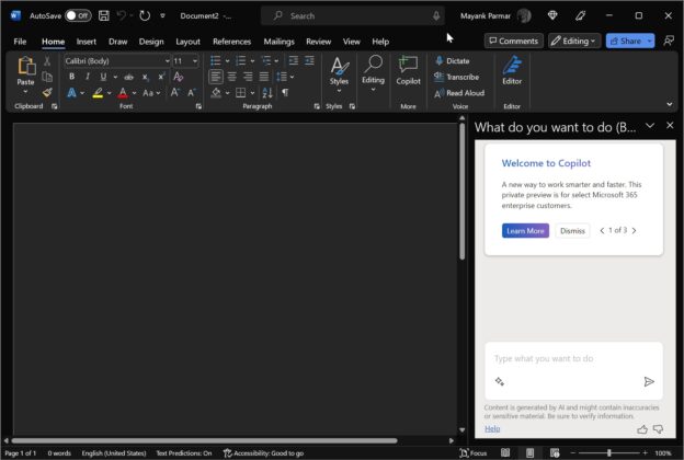 我们首次了解 Word for Windows 10、Windows 11 中的 Microsoft 365 AI Copilot