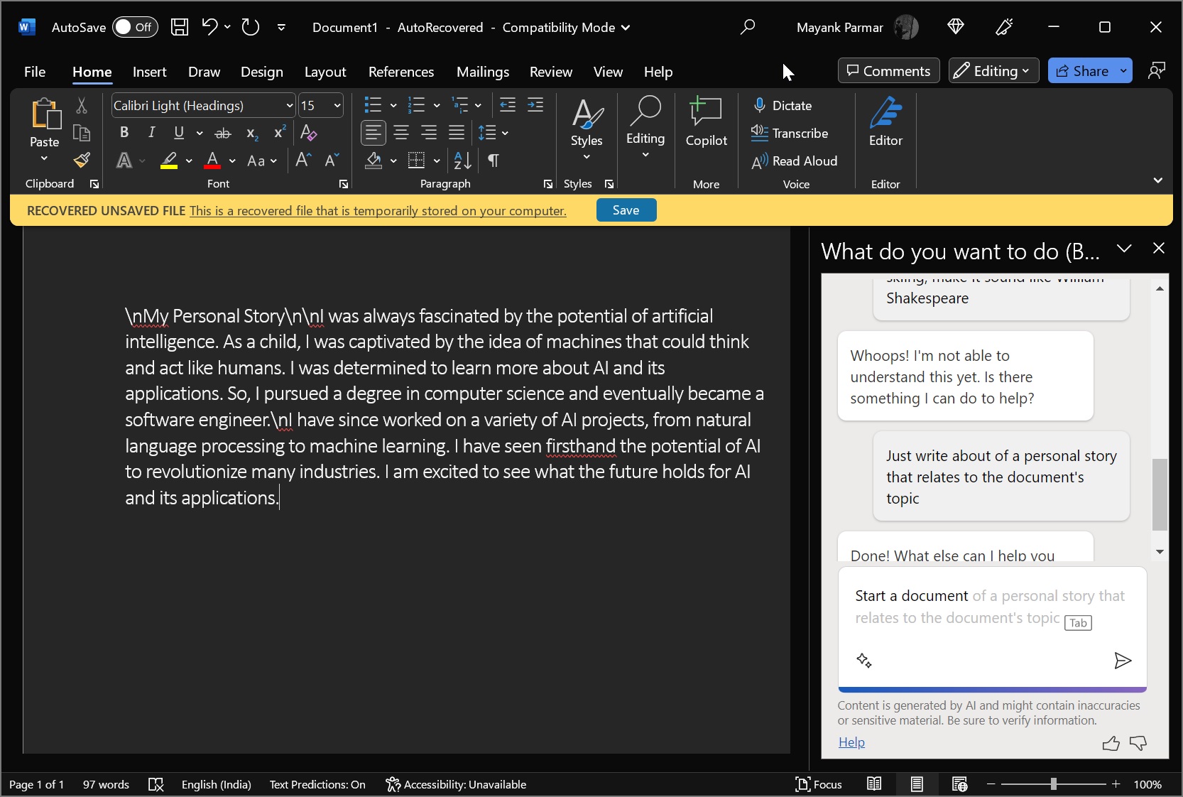 我们首次了解 Word for Windows 10、Windows 11 中的 Microsoft 365 AI Copilot
