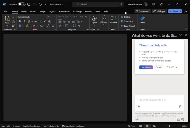 我们首次了解 Word for Windows 10、Windows 11 中的 Microsoft 365 AI Copilot