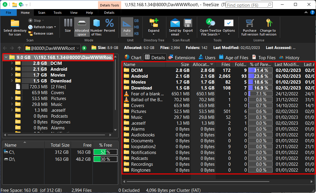 如何从 Windows 11 或 10 无线检查 Android 上的已用空间