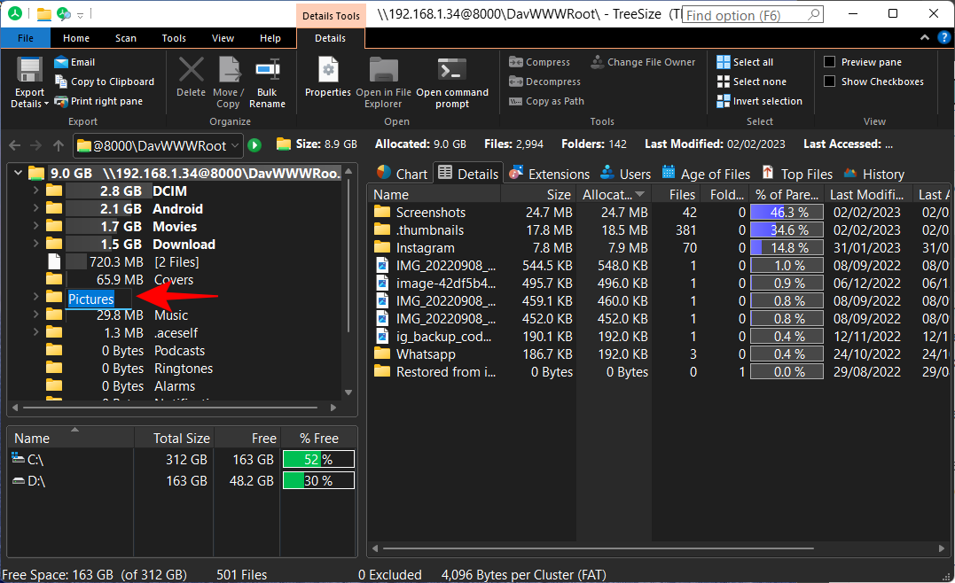 如何从 Windows 11 或 10 无线检查 Android 上的已用空间