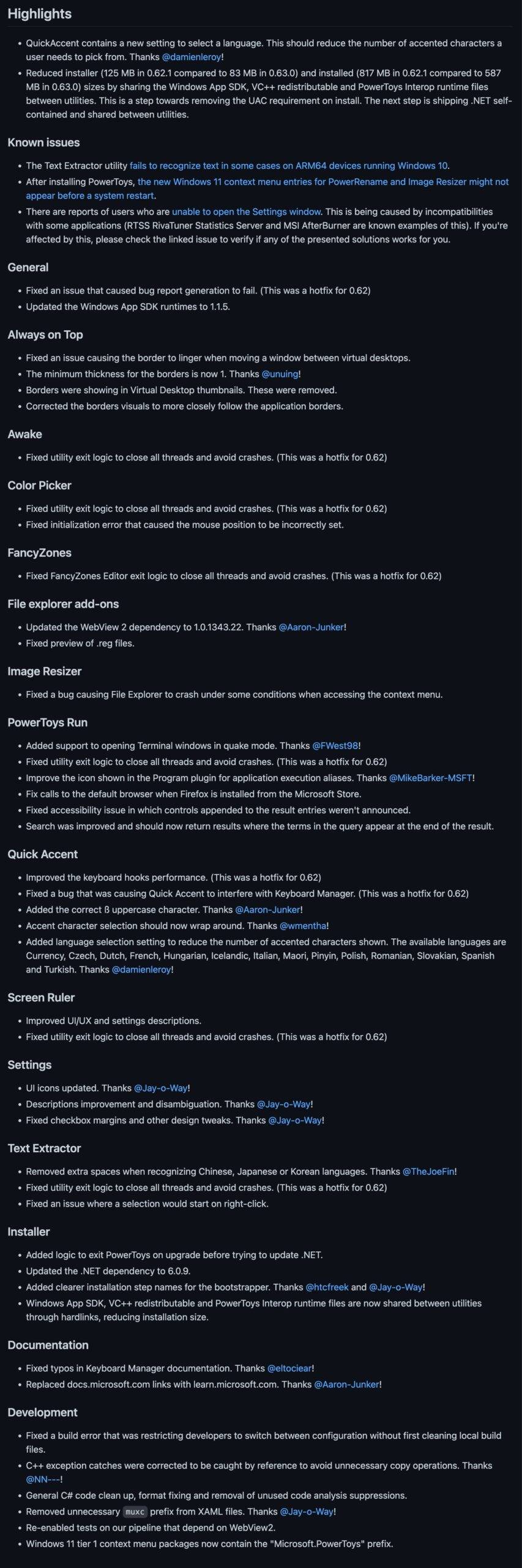 PowerToys v0.63.0 现在推出了许多修复和改进