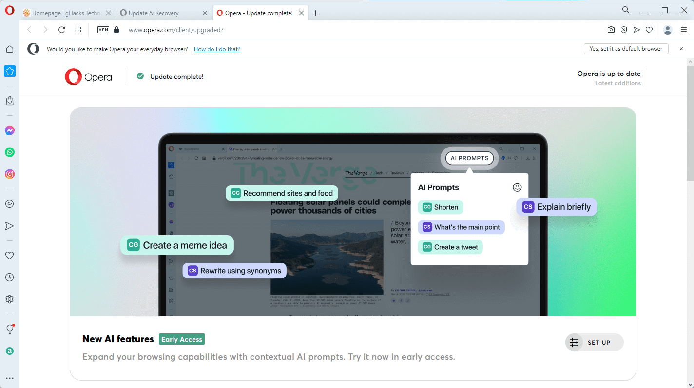 Opera 浏览器 97.0.4719.26 桌面版更新：集成 ChatGPT 和 AI 总结功能