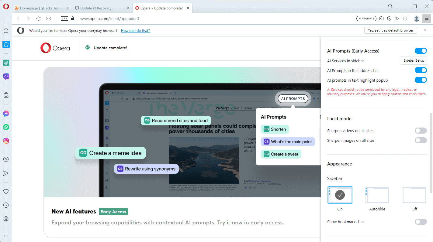 Opera 浏览器 97.0.4719.26 桌面版更新：集成 ChatGPT 和 AI 总结功能