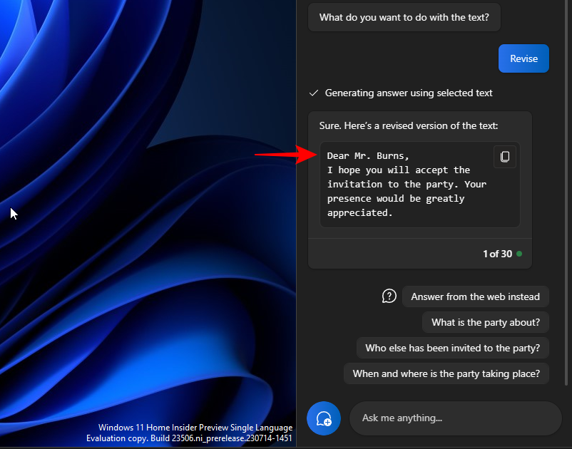 如何使用 Windows Copilot 与剪贴板一起展开、解释、总结或修改复制的文本