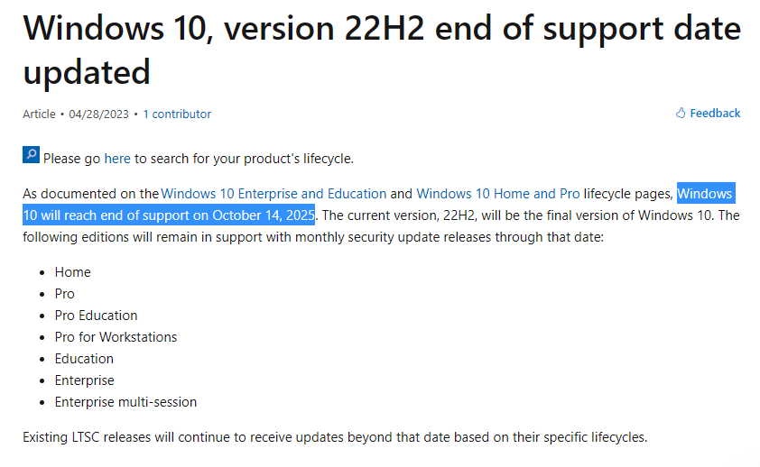 微软宣布终止Windows 10 21H2版本服务,之后不再接收安全更新