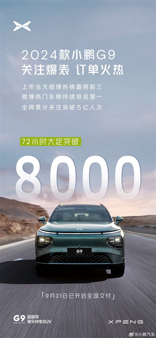 小鹏G9新车惊艳亮相,仅72小时销售突破8000辆