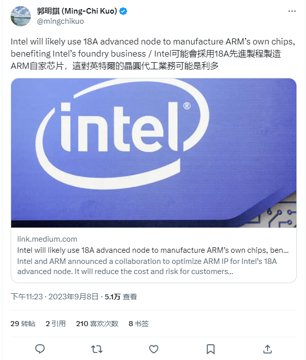Arm有望成为英特尔18A制程代工客户,为其自家芯片生产