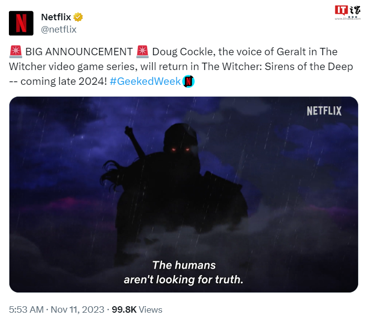 Netflix 动画《巫师：深渊海妖》先导预告公布：《巫师》游戏杰洛特配音演员回归，明年底上线