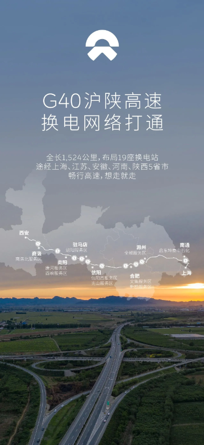 蔚来汽车:G20和G40高速换电网络成功打通,覆盖19大城市