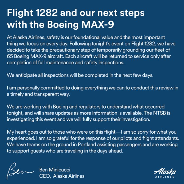 美国阿拉斯加航空宣布停飞 65 架波音 737 MAX 9 飞机,进行安全检查