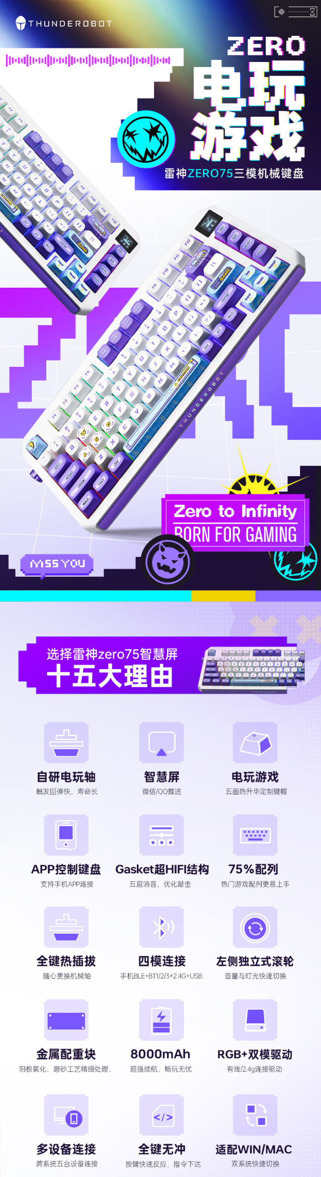 雷神 ZERO 75 智慧屏机械键盘发布：POM 卫星轴、显示 QQ / 微信通知，预售价 499 元