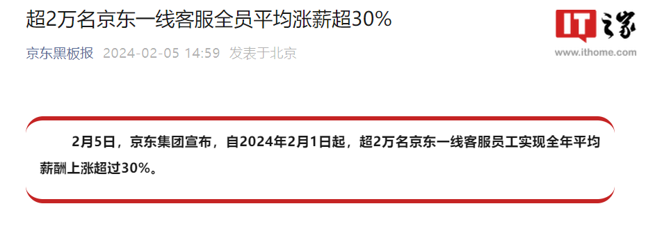 京东集团:超 2 万名京东一线客服员工平均薪酬上涨超过 30%