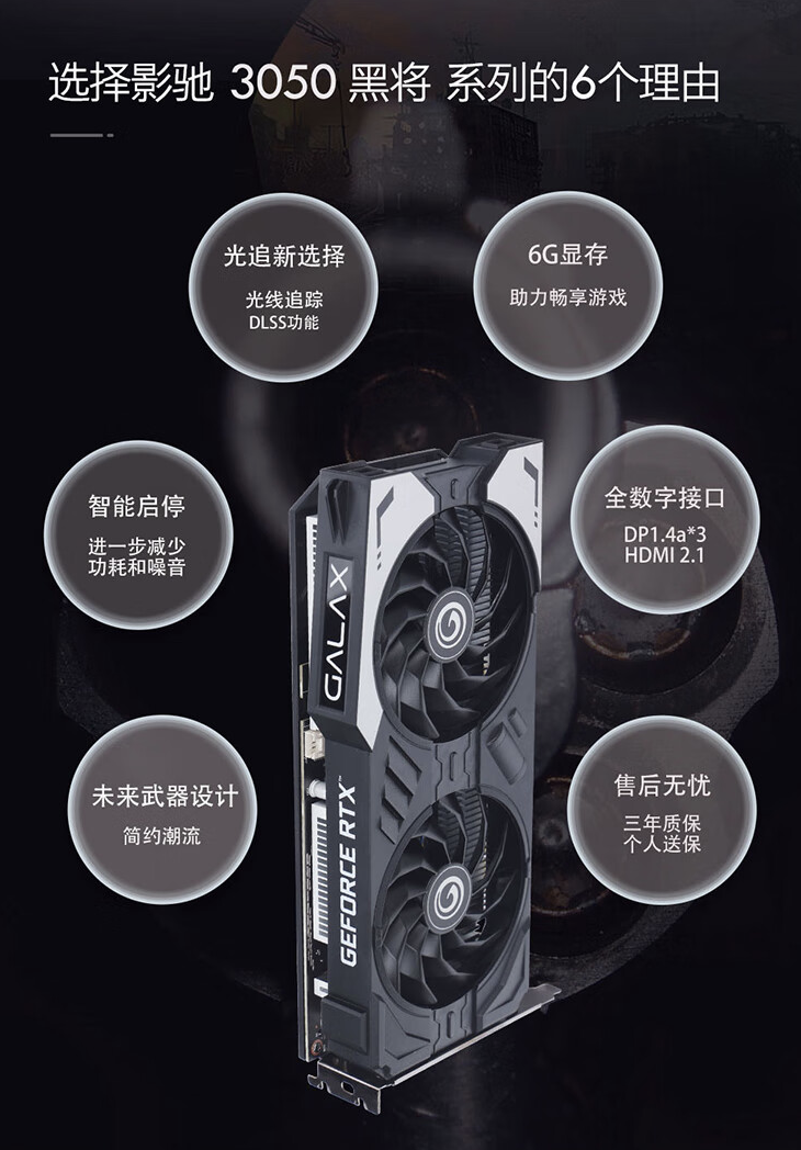 影驰推出 RTX 3050 黑将 / OC 6GB 显卡：至高 1500 MHz 加速频率、售 1599 元