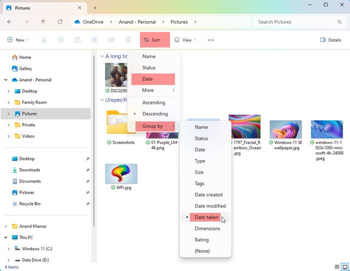 在Windows 11/10中如何以拍摄日期对图片进行排序