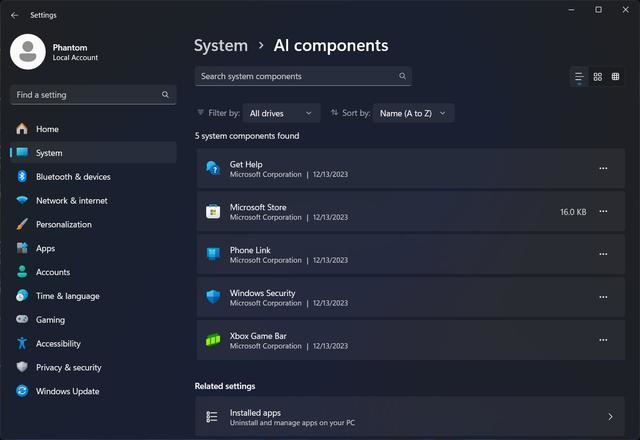 Win11 Build预览版26016 怎么查看和管理 AI 相关组件?