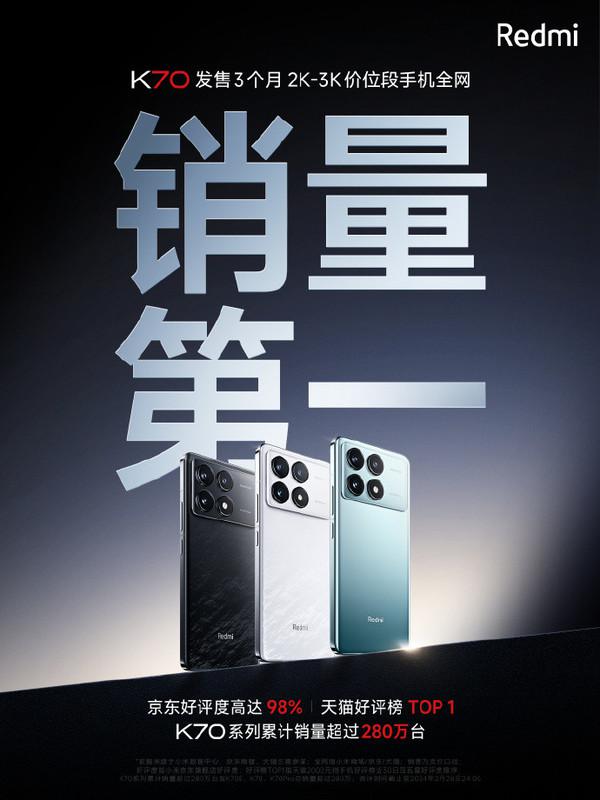 Redmi K70 系列累计销量超 280 万台!仅用时三个月