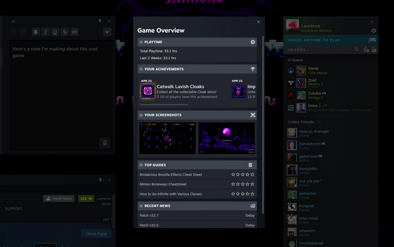 Steam桌面客户端测试版更新：新增全新笔记应用，可在游戏中固定窗口