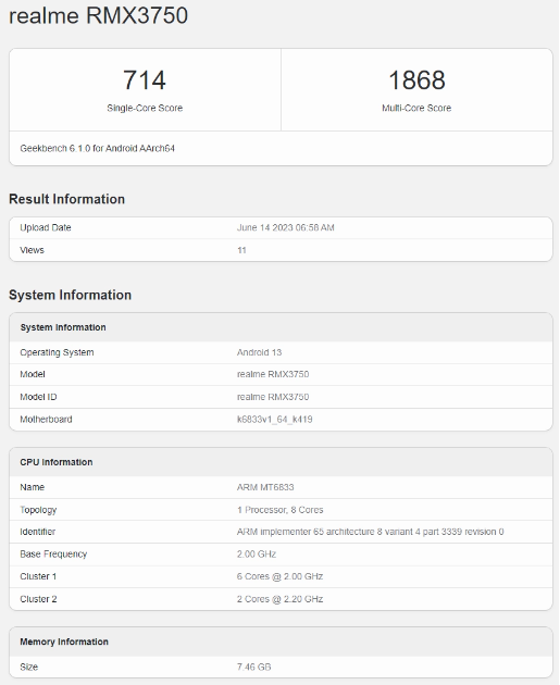 GeekBench跑分曝光：realme新机RMX3750性能亮眼！