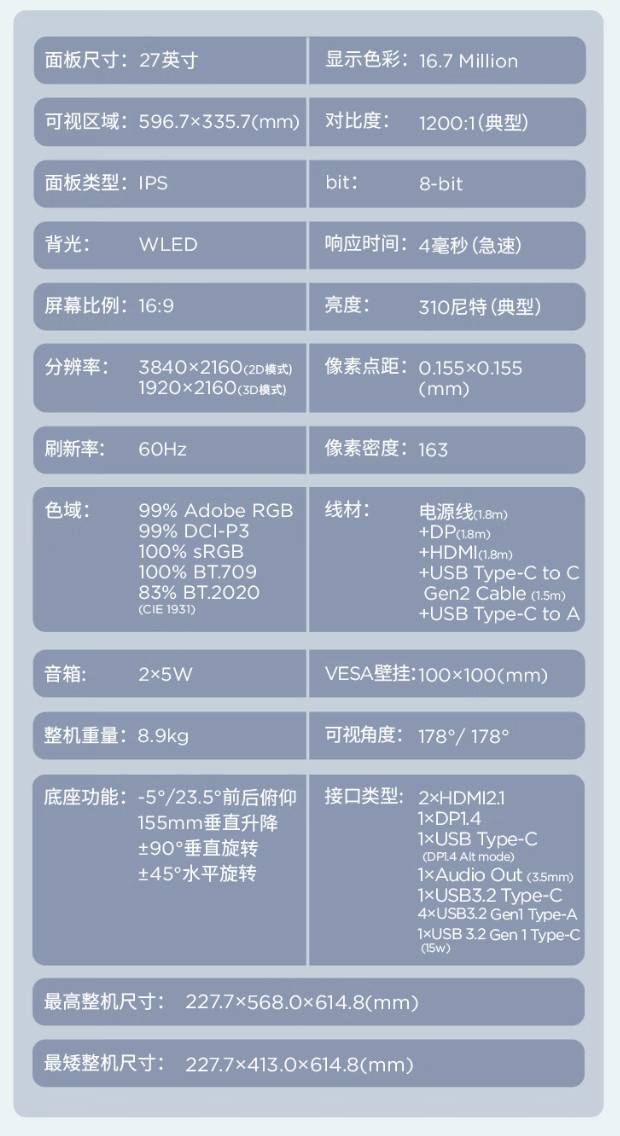 联想 ThinkVision 裸眼 3D 显示器上架：27 英寸 4K 60Hz，18999 元
