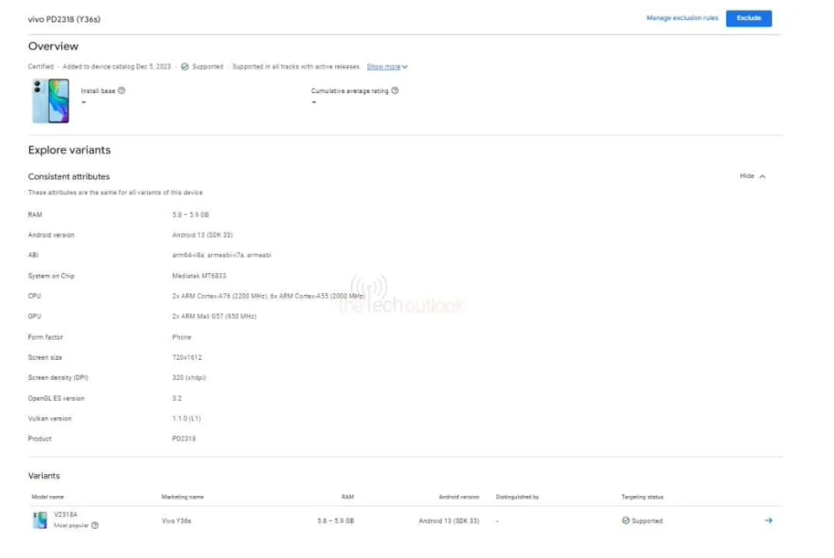 vivo Y36s通过谷歌Play验证,配备天玑6020与8/12GB RAM