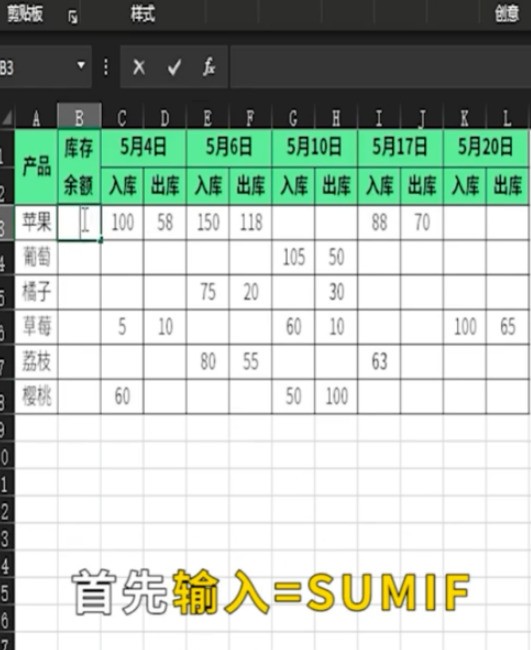 excel中sumif函数怎样自动计算库存余额_excel中sumif函数自动计算库存余额方法