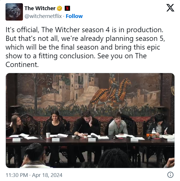 Netflix 续订《猎魔人》真人剧集第五季,确认为最后一季