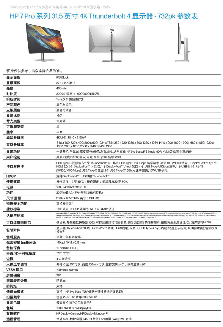 惠普 732PK 31.5 英寸显示器开售:4K 60Hz、雷电 4 + 内置 KVM 切换器,6999 元