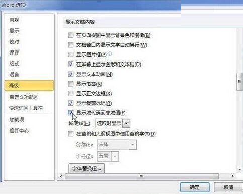 word2010文档中显示域代码而非域值的操作过程