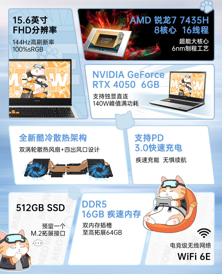 七彩虹 COLORFIRE MEOW R15 游戏本配置上新:R7-7435H + RTX 4050,4699 元