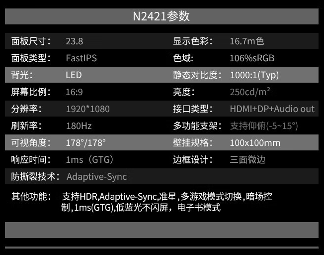 联想 Lecoo“N2421”23.8 英寸显示器开售:1080P 180Hz,599 元