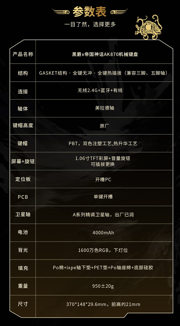 黑爵 ×《帝国神话》联名款三模机械键盘 AK870 发布:84 键 + 可拔插屏幕旋钮模块,首发 299 元